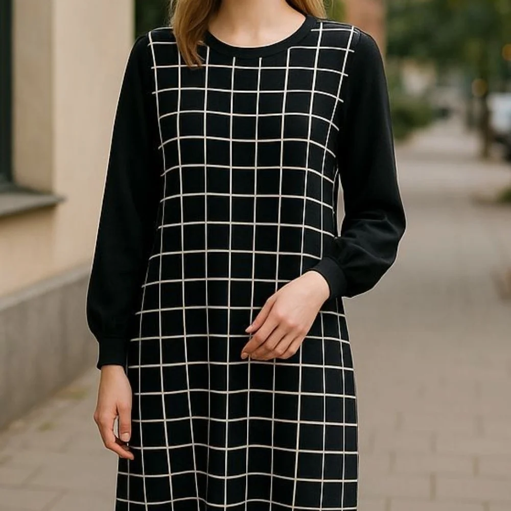 Nina Leonard Dress Size Large Black And White Ballon sleeve Stretch NEW